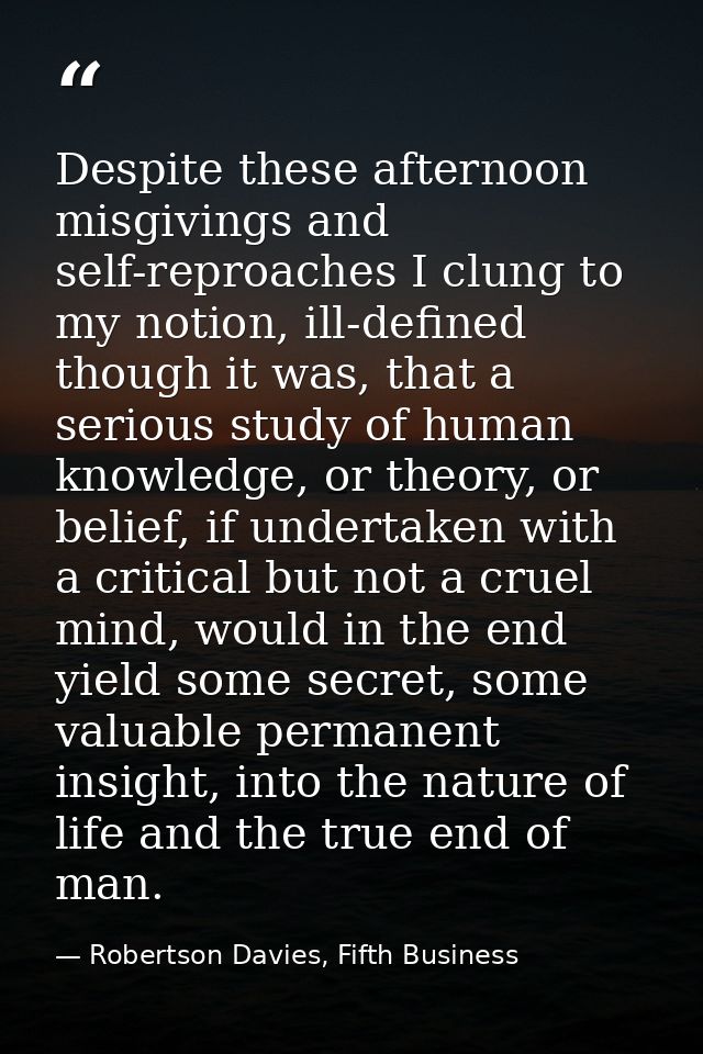 Despite these afternoon misgivings and self-reproaches I clung to my notion, ill-defined though it was, that a serious s — Robertson Davies, Fifth Business