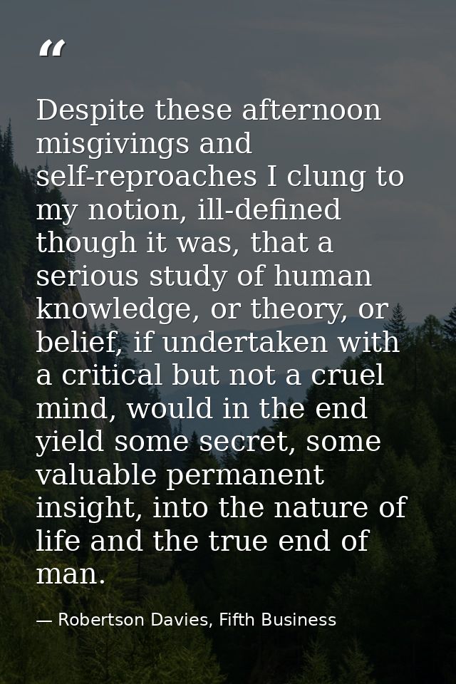 Despite these afternoon misgivings and self-reproaches I clung to my notion, ill-defined though it was, that a serious s — Robertson Davies, Fifth Business