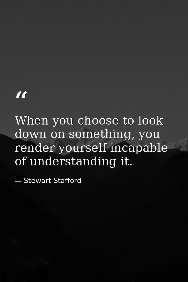 When you choose to look down on something, you render yourself incapable of understanding it. — Stewart Stafford