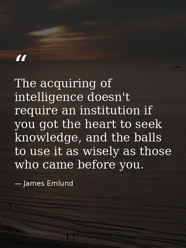 The acquiring of intelligence doesn't require an institution if you got the heart to seek knowledge, and the balls to us — James Emlund