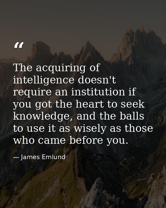 The acquiring of intelligence doesn't require an institution if you got the heart to seek knowledge, and the balls to us — James Emlund