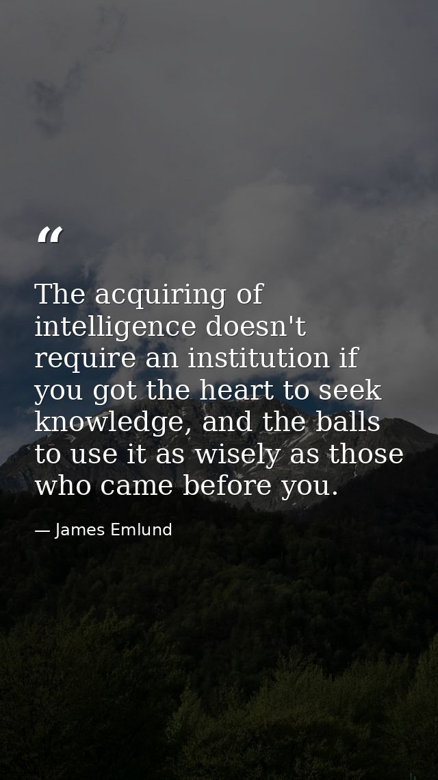 The acquiring of intelligence doesn't require an institution if you got the heart to seek knowledge, and the balls to us — James Emlund