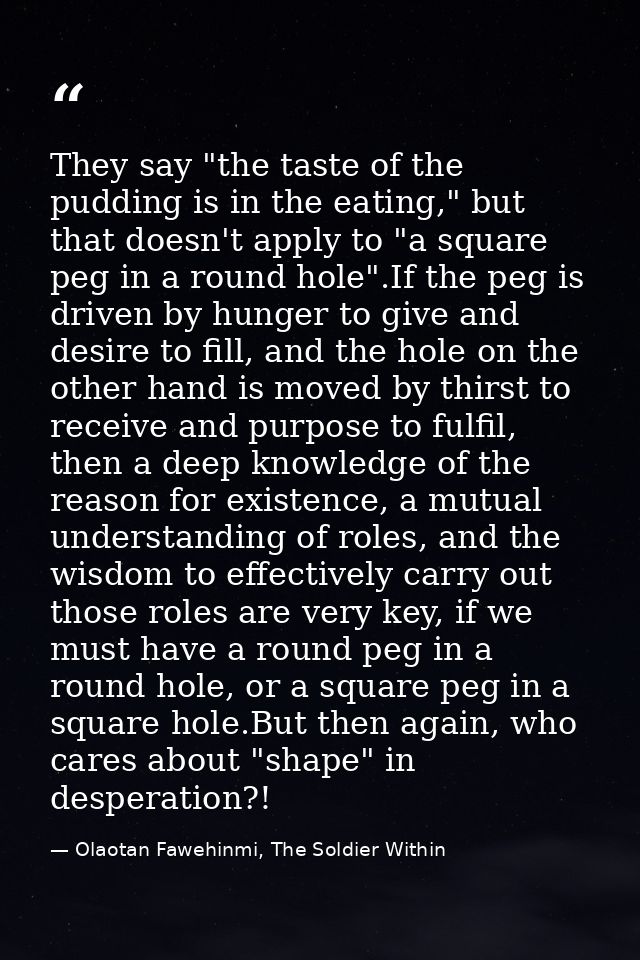 They say "the taste of the pudding is in the eating," but that doesn't apply to "a square peg in a round hole".If the pe — Olaotan Fawehinmi, The Soldier Within