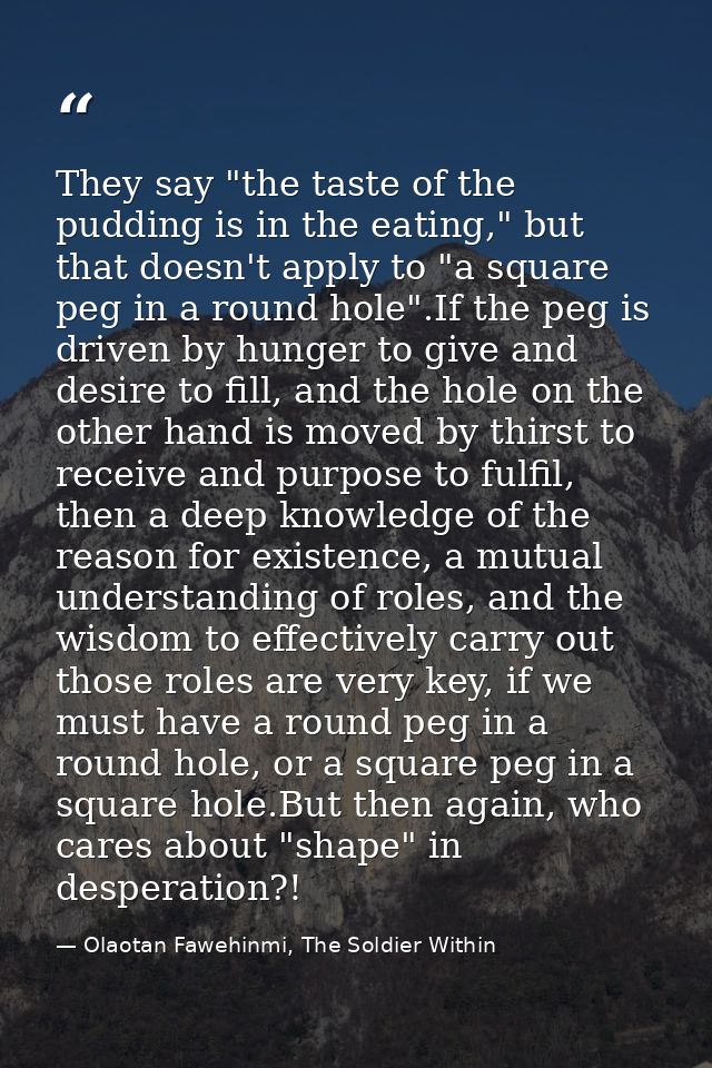 They say "the taste of the pudding is in the eating," but that doesn't apply to "a square peg in a round hole".If the pe — Olaotan Fawehinmi, The Soldier Within