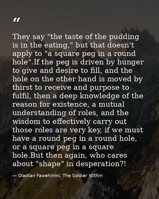 They say "the taste of the pudding is in the eating," but that doesn't apply to "a square peg in a round hole".If the pe — Olaotan Fawehinmi, The Soldier Within