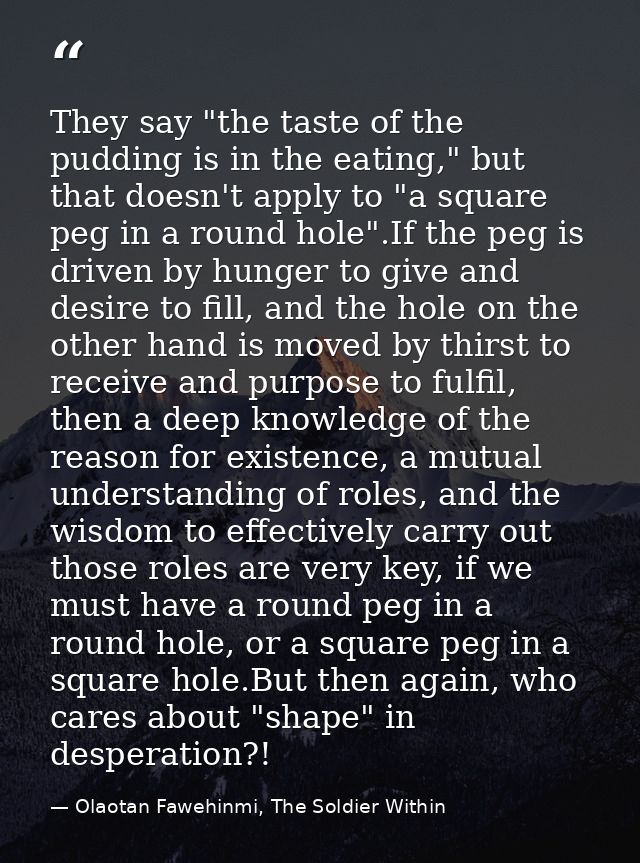 They say "the taste of the pudding is in the eating," but that doesn't apply to "a square peg in a round hole".If the pe — Olaotan Fawehinmi, The Soldier Within