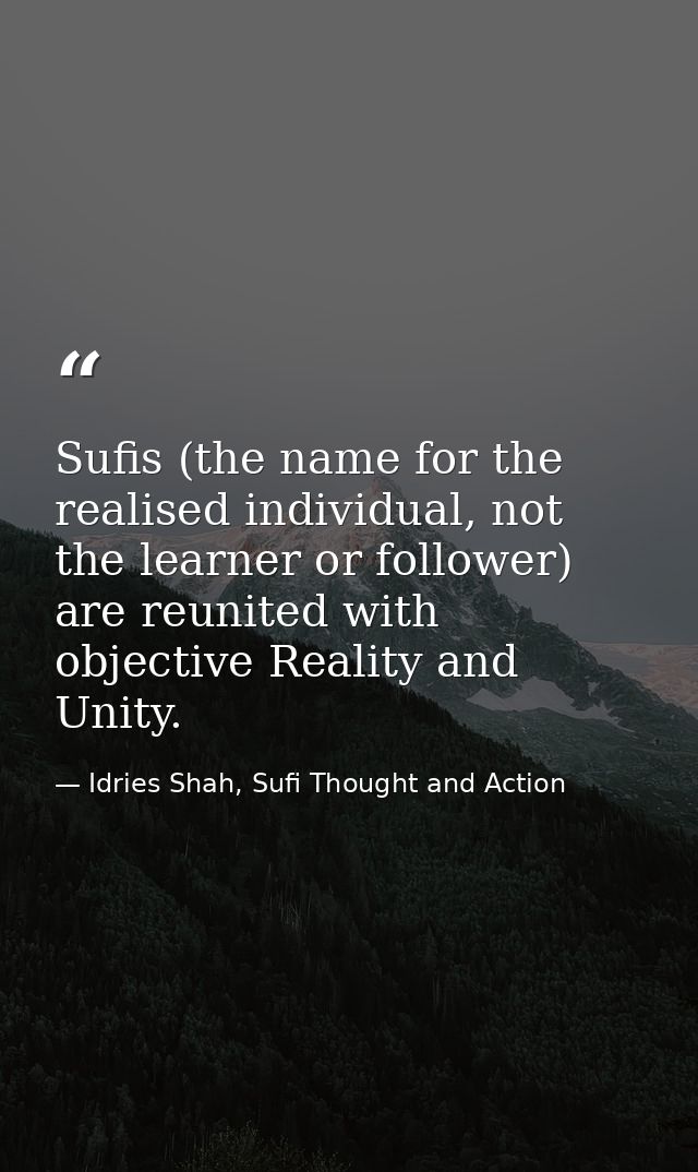 Sufis (the name for the realised individual, not the learner or follower) are reunited with objective Reality and Unity. — Idries Shah, Sufi Thought and Action