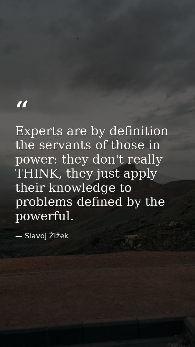 Experts are by definition the servants of those in power: they don't really THINK, they just apply their knowledge to pr — Slavoj Žižek