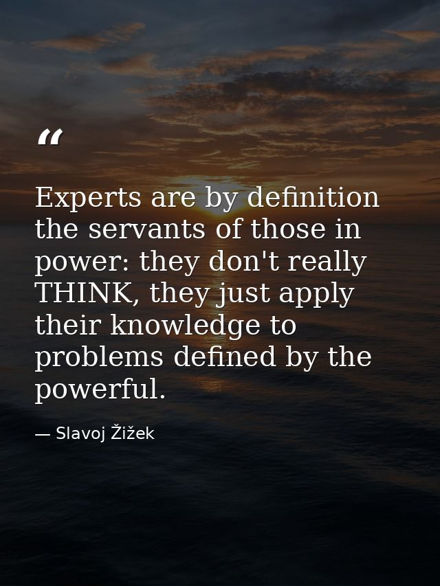 Experts are by definition the servants of those in power: they don't really THINK, they just apply their knowledge to pr — Slavoj Žižek