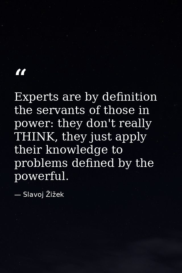 Experts are by definition the servants of those in power: they don't really THINK, they just apply their knowledge to pr — Slavoj Žižek