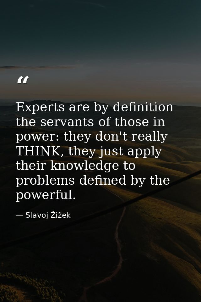 Experts are by definition the servants of those in power: they don't really THINK, they just apply their knowledge to pr — Slavoj Žižek