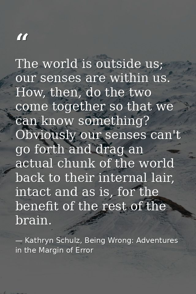 The world is outside us; our senses are within us. How, then, do the two come together so that we can know something? Ob — Kathryn Schulz, Being Wrong: Adventures in the Margin of Error