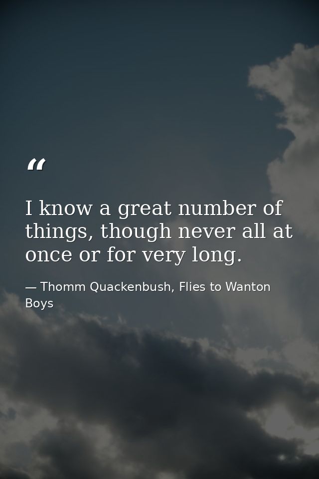 I know a great number of things, though never all at once or for very long. — Thomm Quackenbush, Flies to Wanton Boys