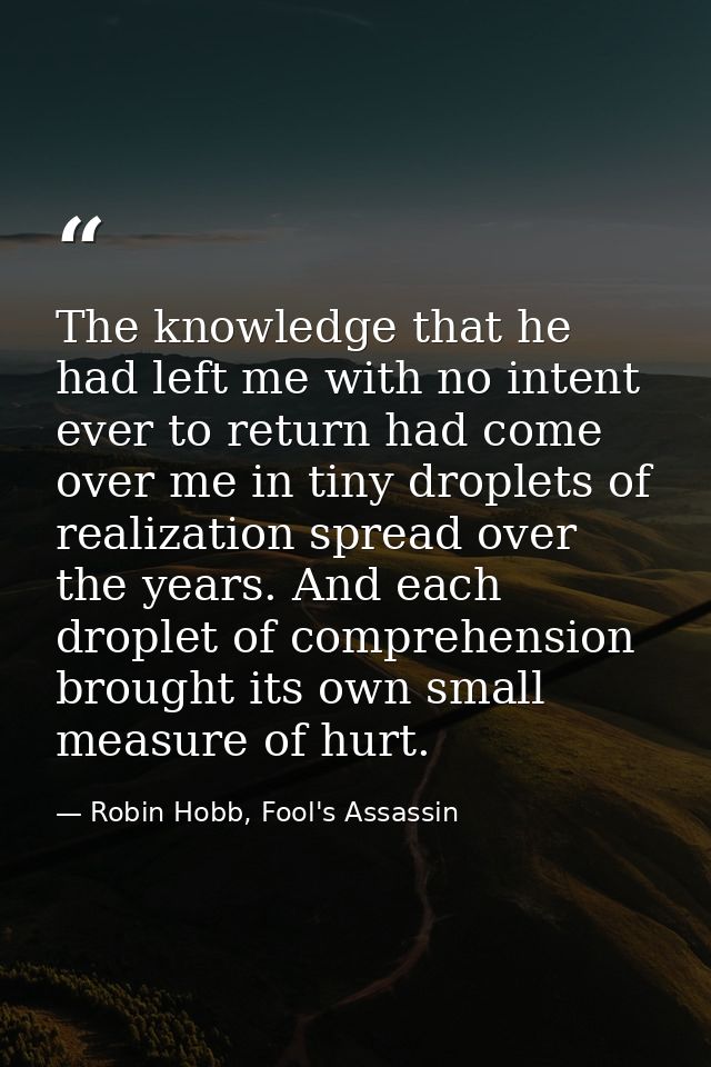 The knowledge that he had left me with no intent ever to return had come over me in tiny droplets of realization spread  — Robin Hobb, Fool's Assassin