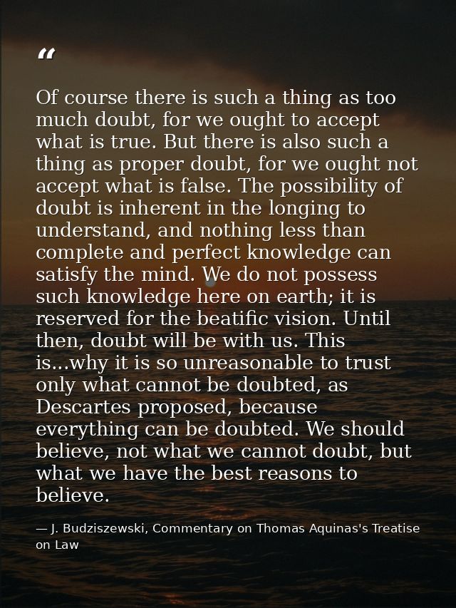 Of course there is such a thing as too much doubt, for we ought to accept what is true. But there is also such a thing a — J. Budziszewski, Commentary on Thomas Aquinas's Treatise on Law