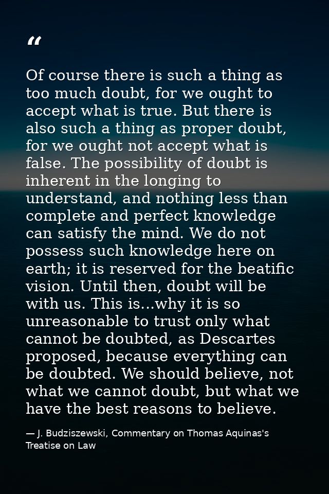 Of course there is such a thing as too much doubt, for we ought to accept what is true. But there is also such a thing a — J. Budziszewski, Commentary on Thomas Aquinas's Treatise on Law