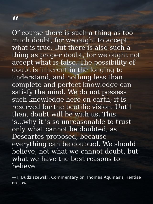 Of course there is such a thing as too much doubt, for we ought to accept what is true. But there is also such a thing a — J. Budziszewski, Commentary on Thomas Aquinas's Treatise on Law