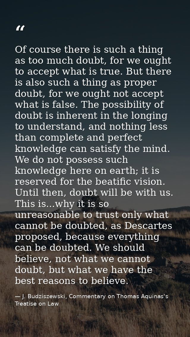 Of course there is such a thing as too much doubt, for we ought to accept what is true. But there is also such a thing a — J. Budziszewski, Commentary on Thomas Aquinas's Treatise on Law
