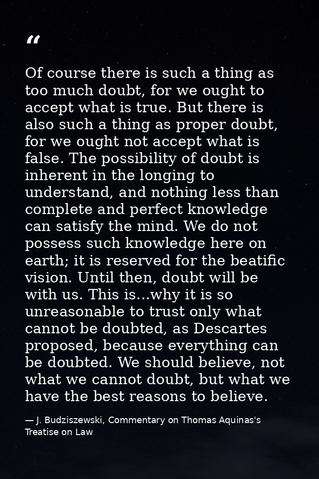 Of course there is such a thing as too much doubt, for we ought to accept what is true. But there is also such a thing a — J. Budziszewski, Commentary on Thomas Aquinas's Treatise on Law