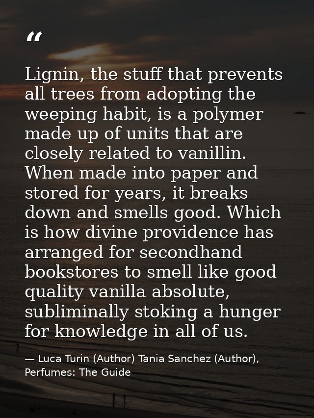 Lignin, the stuff that prevents all trees from adopting the weeping habit, is a polymer made up of units that are closel — Luca Turin (Author) Tania Sanchez (Author), Perfumes: The Guide