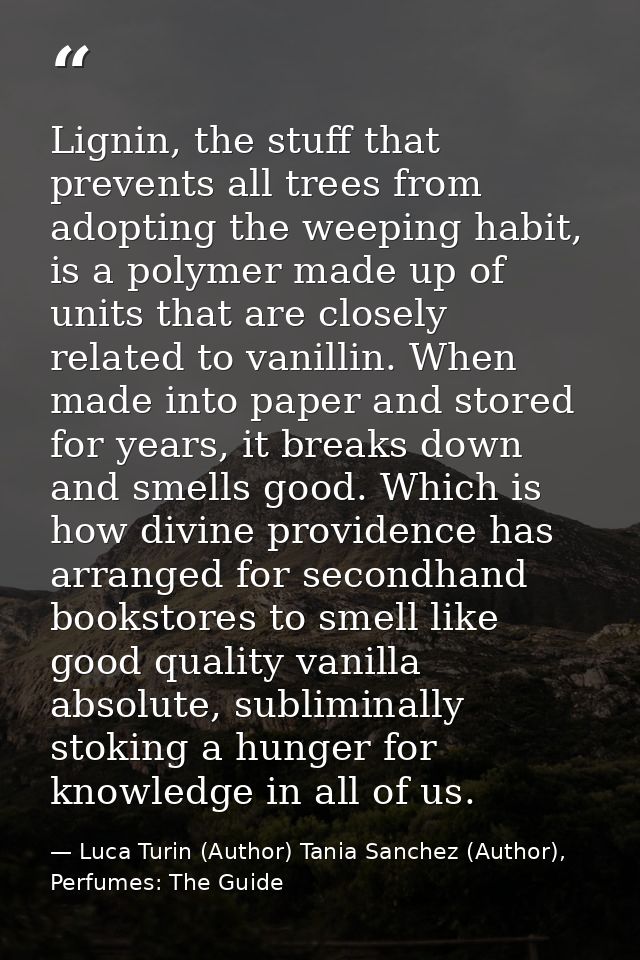 Lignin, the stuff that prevents all trees from adopting the weeping habit, is a polymer made up of units that are closel — Luca Turin (Author) Tania Sanchez (Author), Perfumes: The Guide