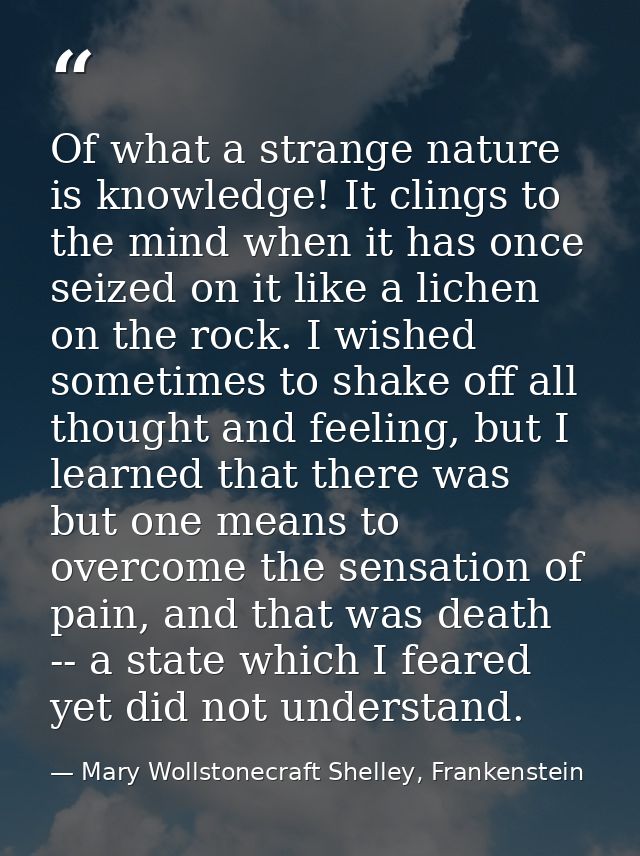 Of what a strange nature is knowledge! It clings to the mind when it has once seized on it like a lichen on the rock. I  — Mary Wollstonecraft Shelley, Frankenstein