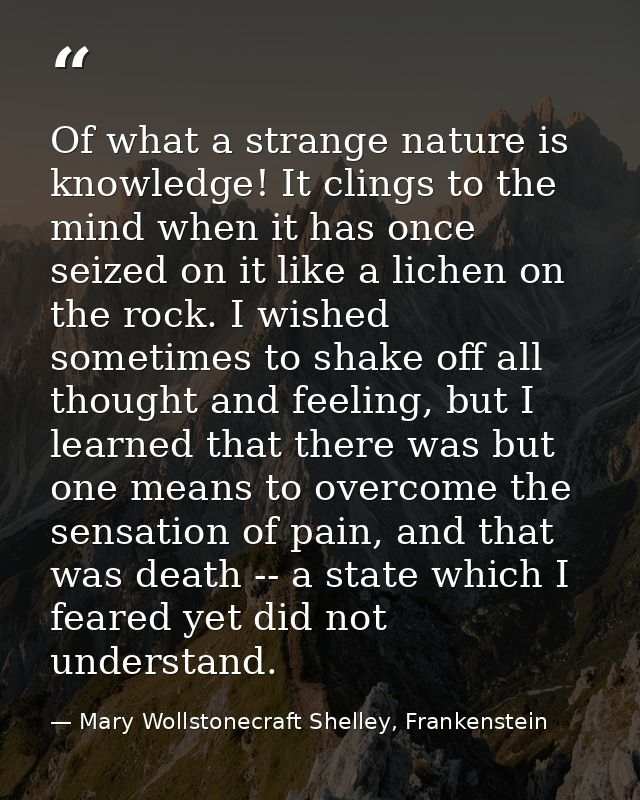 Of what a strange nature is knowledge! It clings to the mind when it has once seized on it like a lichen on the rock. I  — Mary Wollstonecraft Shelley, Frankenstein