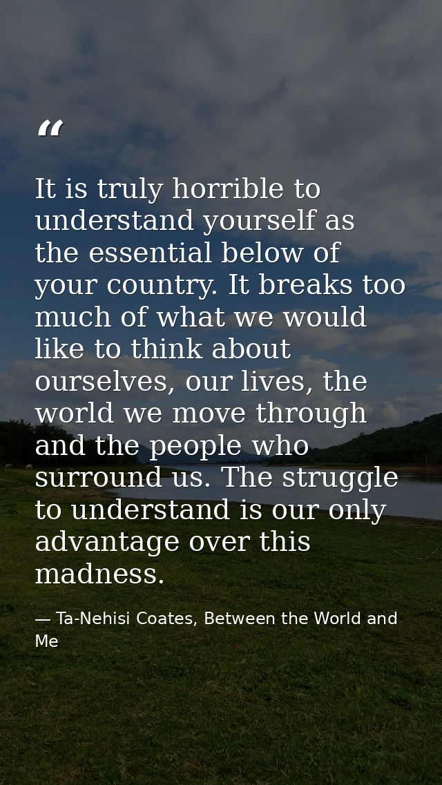 It is truly horrible to understand yourself as the essential below of your country. It breaks too much of what we would  — Ta-Nehisi Coates, Between the World and Me