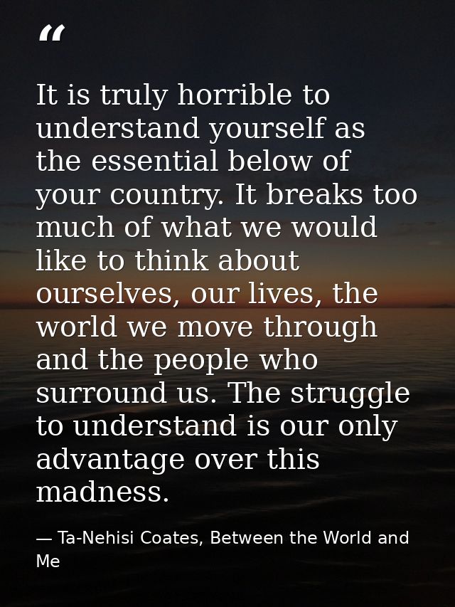 It is truly horrible to understand yourself as the essential below of your country. It breaks too much of what we would  — Ta-Nehisi Coates, Between the World and Me