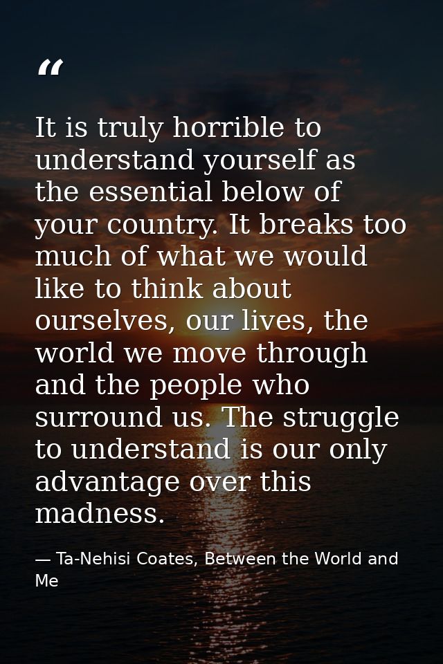 It is truly horrible to understand yourself as the essential below of your country. It breaks too much of what we would  — Ta-Nehisi Coates, Between the World and Me