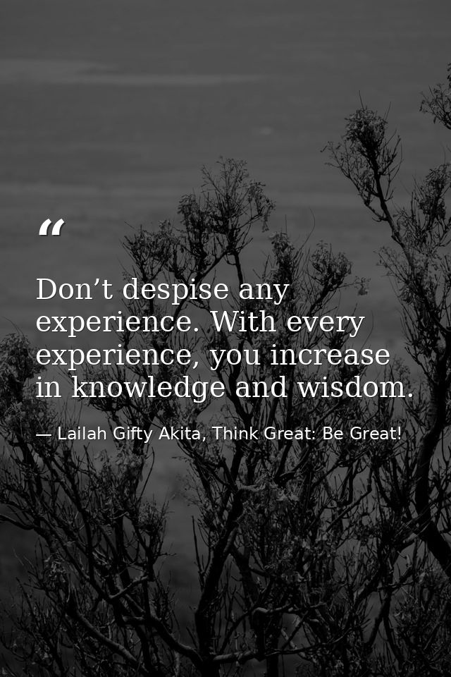 Don’t despise any experience. With every experience, you increase in knowledge and wisdom. — Lailah Gifty Akita, Think Great: Be Great!