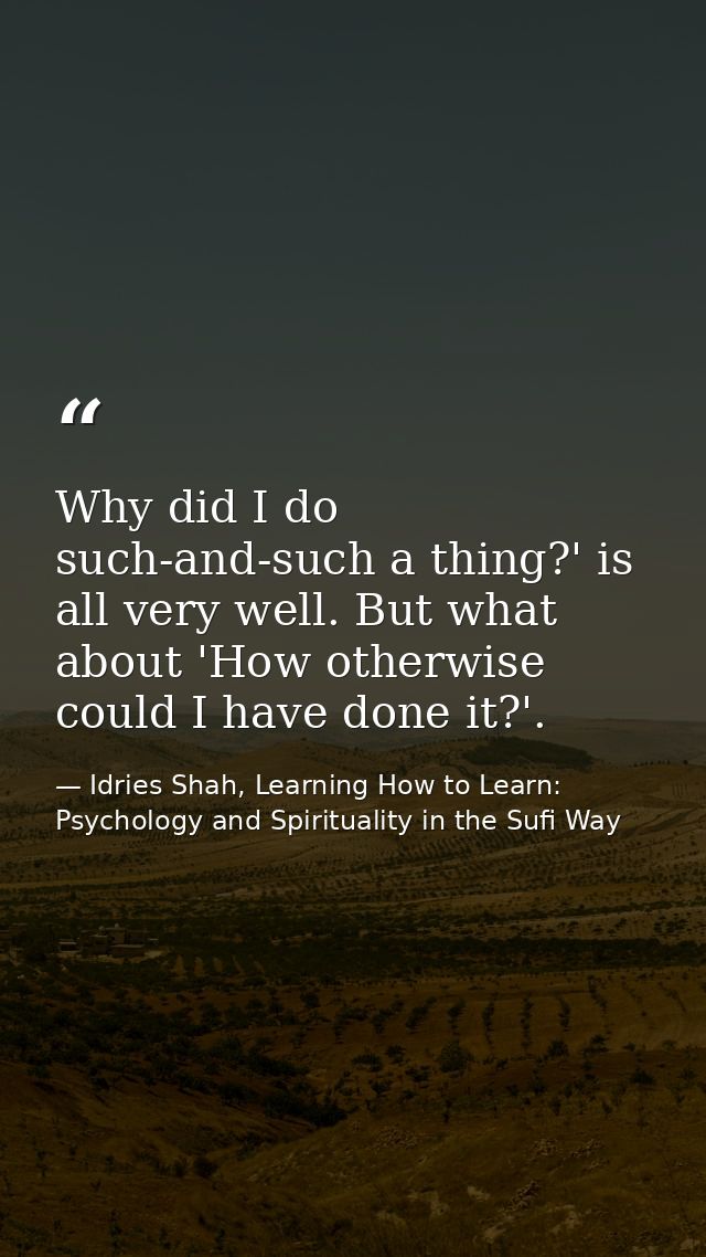 Why did I do such-and-such a thing?' is all very well. But what about 'How otherwise could I have done it?'. — Idries Shah, Learning How to Learn: Psychology and Spirituality in the Sufi Way
