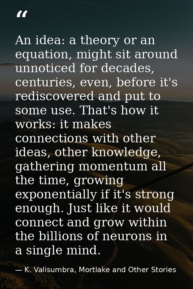 An idea: a theory or an equation, might sit around unnoticed for decades, centuries, even, before it's rediscovered and  — K. Valisumbra, Mortlake and Other Stories