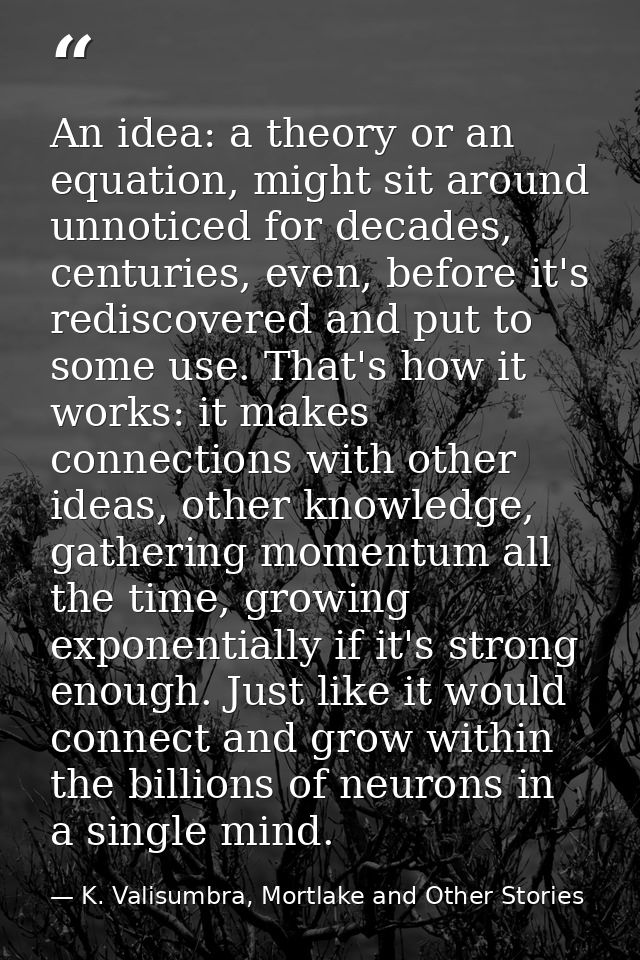 An idea: a theory or an equation, might sit around unnoticed for decades, centuries, even, before it's rediscovered and  — K. Valisumbra, Mortlake and Other Stories