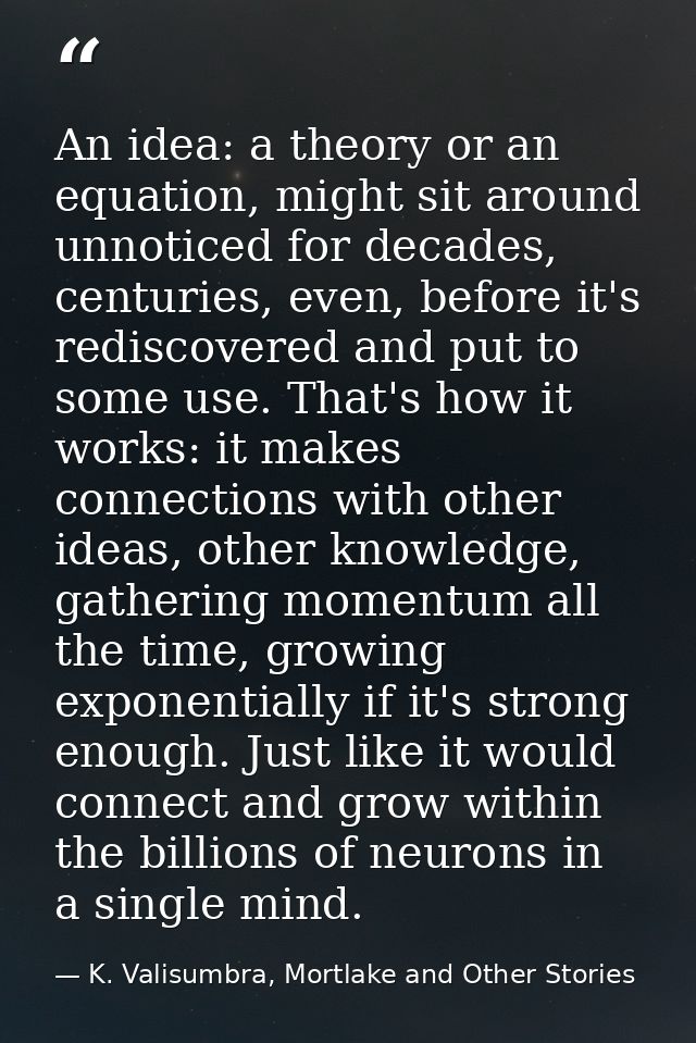 An idea: a theory or an equation, might sit around unnoticed for decades, centuries, even, before it's rediscovered and  — K. Valisumbra, Mortlake and Other Stories