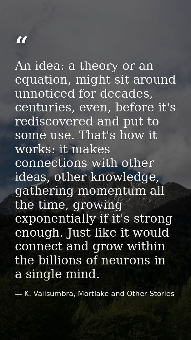An idea: a theory or an equation, might sit around unnoticed for decades, centuries, even, before it's rediscovered and  — K. Valisumbra, Mortlake and Other Stories