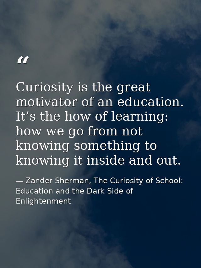 Curiosity is the great motivator of an education. It’s the how of learning: how we go from not knowing something to know — Zander Sherman, The Curiosity of School: Education and the Dark Side of Enlightenment