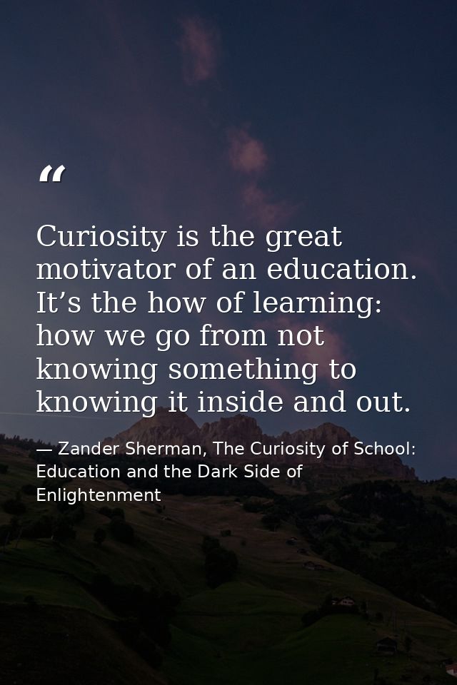 Curiosity is the great motivator of an education. It’s the how of learning: how we go from not knowing something to know — Zander Sherman, The Curiosity of School: Education and the Dark Side of Enlightenment