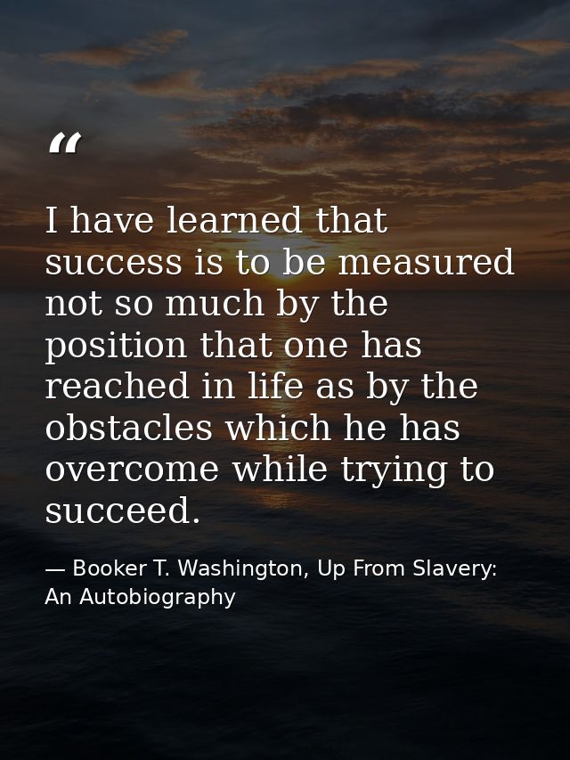 I have learned that success is to be measured not so much by the position that one has reached in life as by the obstacl — Booker T. Washington, Up From Slavery: An Autobiography