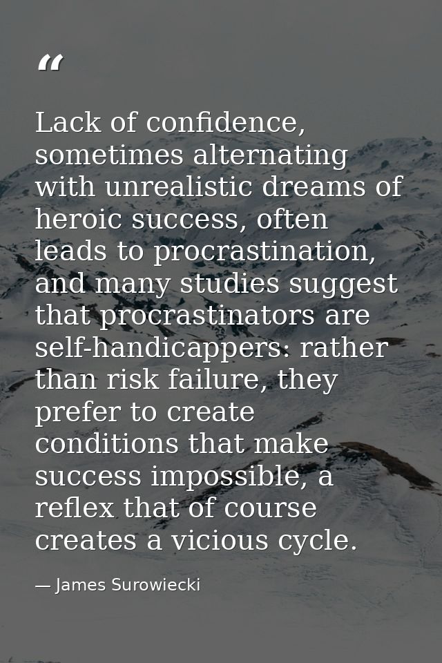 Lack of confidence, sometimes alternating with unrealistic dreams of heroic success, often leads to procrastination, and — James Surowiecki