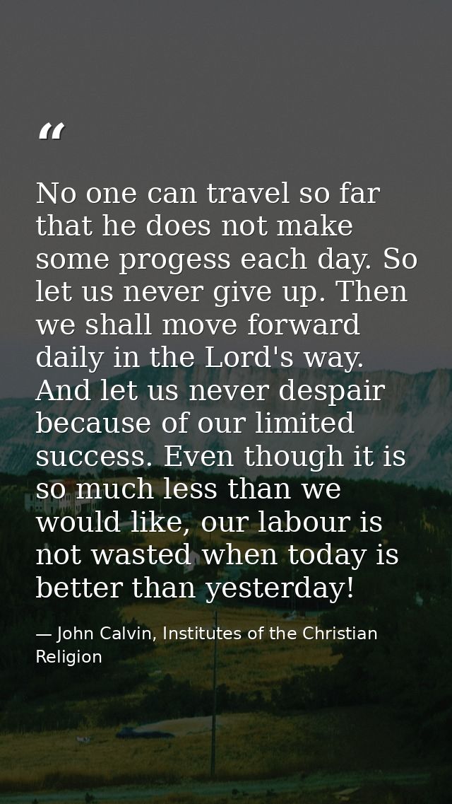 No one can travel so far that he does not make some progess each day. So let us never give up. Then we shall move forwar — John Calvin, Institutes of the Christian Religion