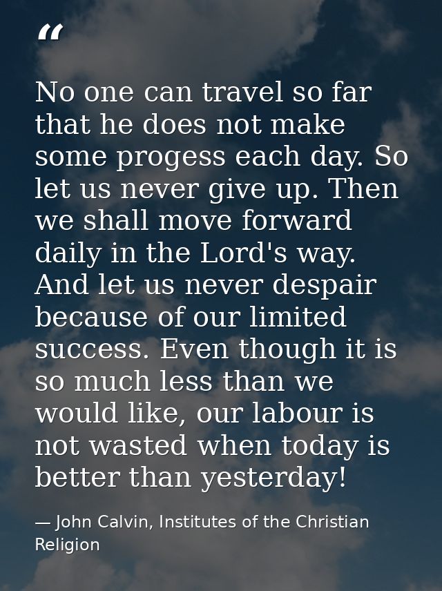 No one can travel so far that he does not make some progess each day. So let us never give up. Then we shall move forwar — John Calvin, Institutes of the Christian Religion