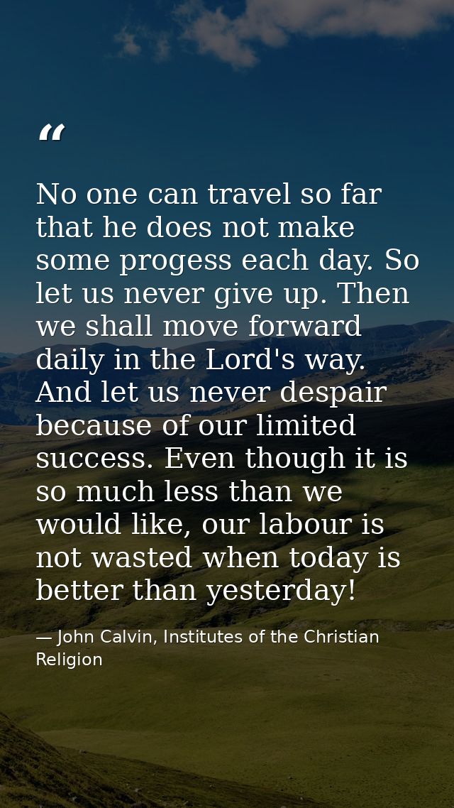 No one can travel so far that he does not make some progess each day. So let us never give up. Then we shall move forwar — John Calvin, Institutes of the Christian Religion