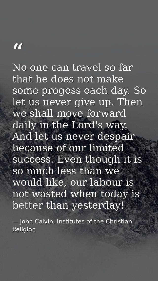 No one can travel so far that he does not make some progess each day. So let us never give up. Then we shall move forwar — John Calvin, Institutes of the Christian Religion