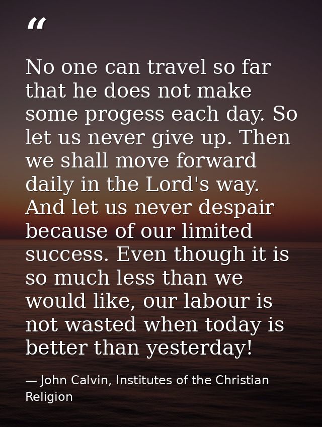 No one can travel so far that he does not make some progess each day. So let us never give up. Then we shall move forwar — John Calvin, Institutes of the Christian Religion