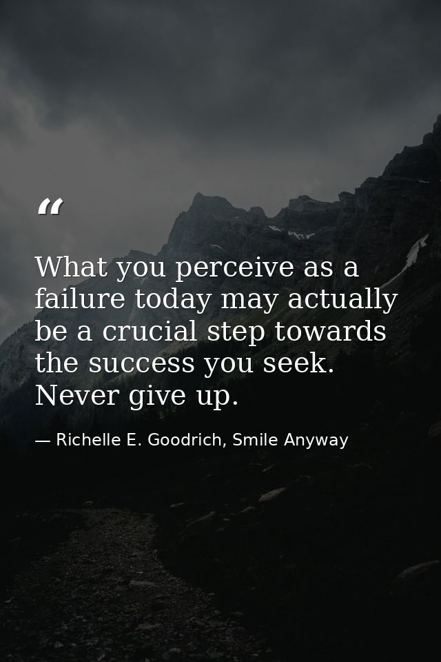 What you perceive as a failure today may actually be a crucial step towards the success you seek. Never give up. — Richelle E. Goodrich, Smile Anyway
