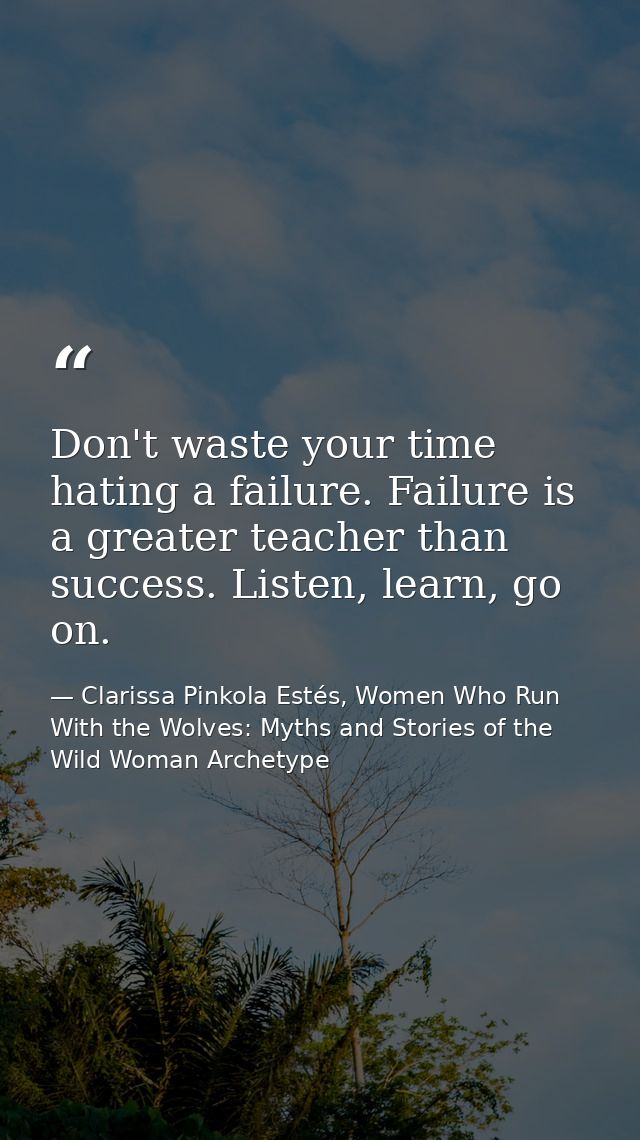 Don't waste your time hating a failure. Failure is a greater teacher than success. Listen, learn, go on. — Clarissa Pinkola Estés, Women Who Run With the Wolves: Myths and Stories of the Wild Woman Archetype