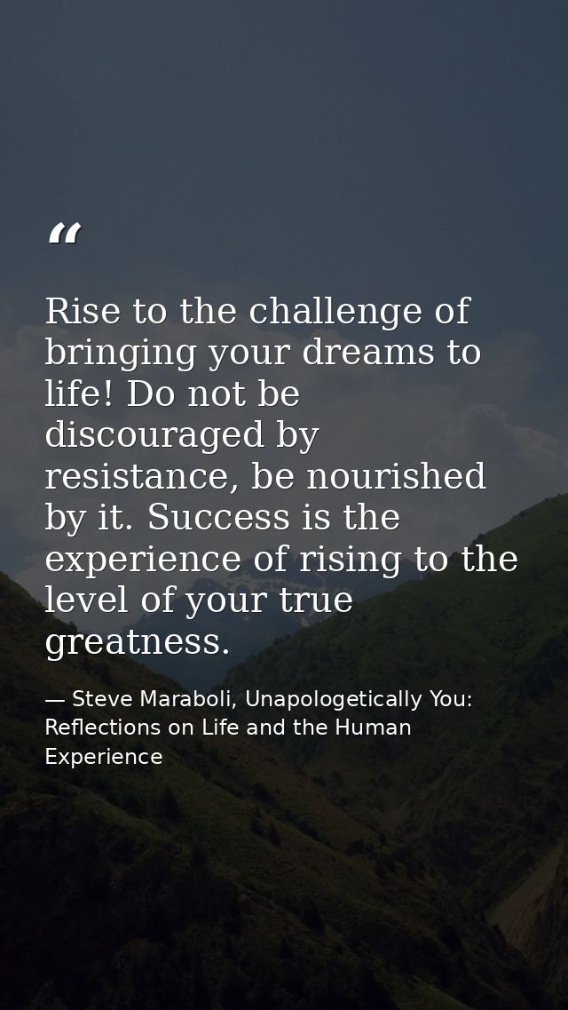 Rise to the challenge of bringing your dreams to life! Do not be discouraged by resistance, be nourished by it. Success  — Steve Maraboli, Unapologetically You: Reflections on Life and the Human Experience