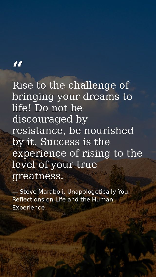 Rise to the challenge of bringing your dreams to life! Do not be discouraged by resistance, be nourished by it. Success  — Steve Maraboli, Unapologetically You: Reflections on Life and the Human Experience