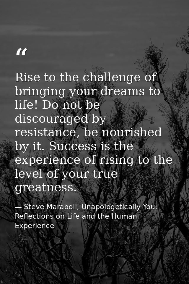 Rise to the challenge of bringing your dreams to life! Do not be discouraged by resistance, be nourished by it. Success  — Steve Maraboli, Unapologetically You: Reflections on Life and the Human Experience